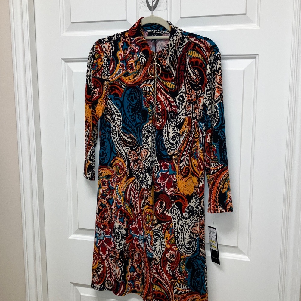 MSK dress, long sleeve, bold paisley pattern, long sleeve, zipper neck, NWT, L